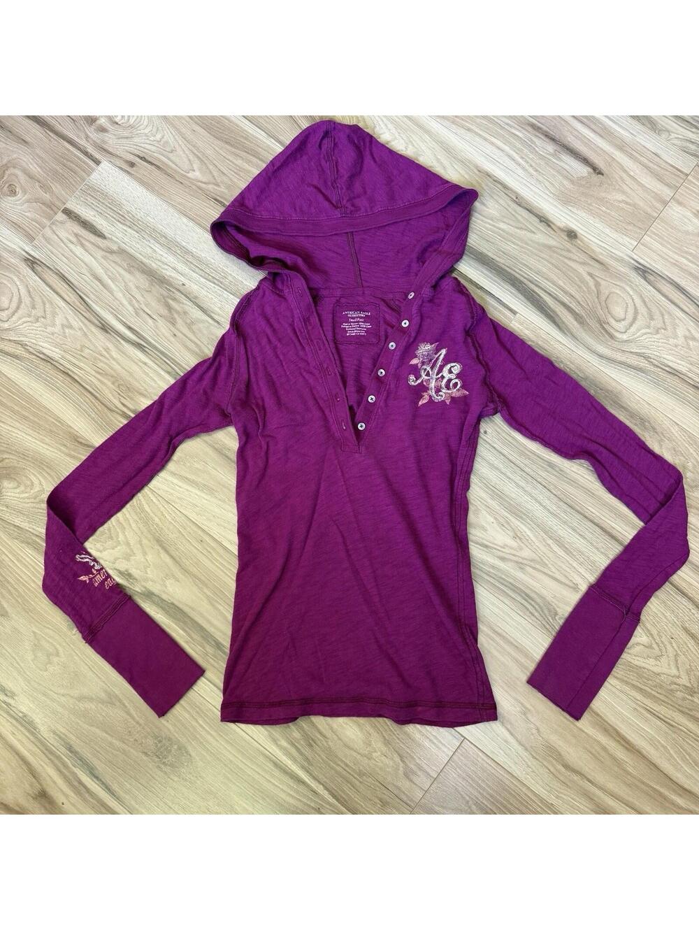 American Eagle Hooded Henley Top S Magenta Purple Long Sleeve Cotton Y2K AE